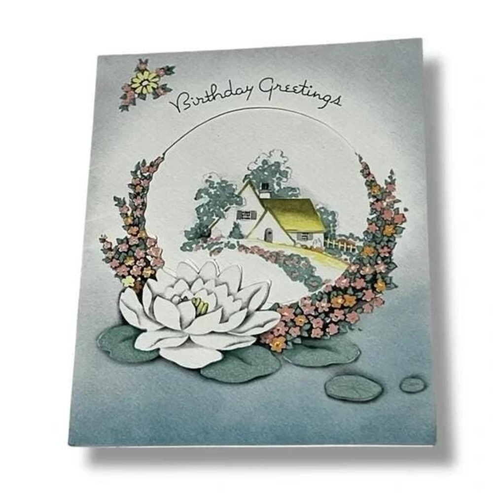 Birthday Greetings Lily Pad House Vintage Greeting Card c1941 DBX